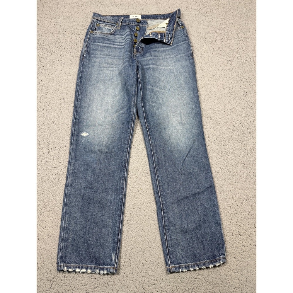 Frame Jeans Womens 26 Blue Malibu High Rise Straight Denim Button Fly Raw Hem‎
